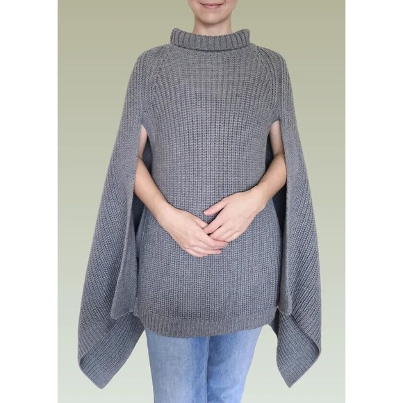 BCBG MAXAZRIA One Size Womens  Sweater Poncho Heavy Knit Mock Neck Grey Gray - Picture 1 of 11